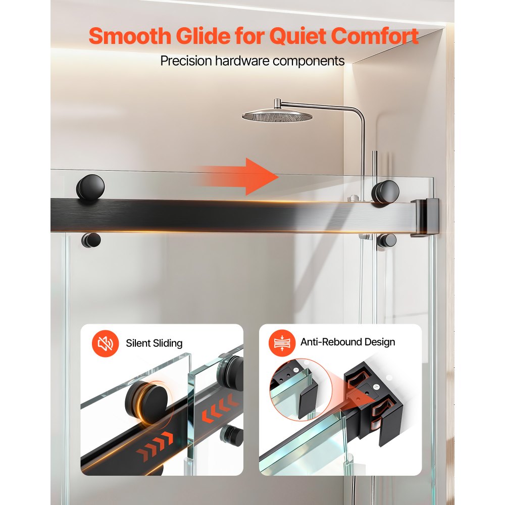 VEVOR Frameless Shower Door, 48" W x 76" H, Shower Sliding Glass Door with 3/8" (10 mm) Thick Clear Tempered Glass, Noiseless Shatterproof Nano Coating, with Rail, Seal Strip and Hardware Kit