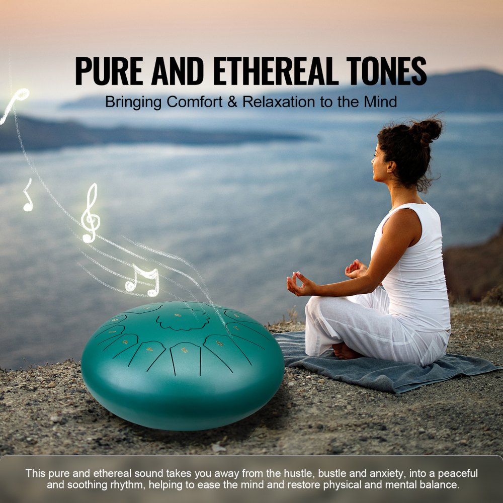 VEVOR Steel Tongue Drum, 12 in & 13 Notes, C Major Steel Drum for Outside Garden, with 2 Mallets & Carry Bag, Hand Pan Drum Percussion Instrument for Meditation Musical Education Yoga, Green
