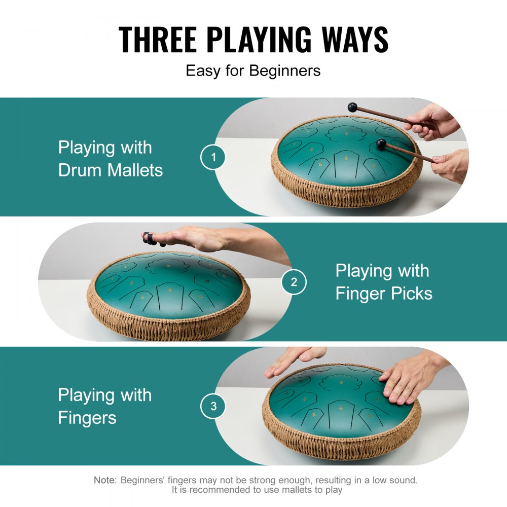 VEVOR Steel Tongue Drum, 14 in & 15 Notes, Rain Drum for Outside Garden, C Major Key, Tank Drum with 2 Mallets & Carry Bag, Hand Pan Drum Percussion Instrument for Musical Education Yoga, Green