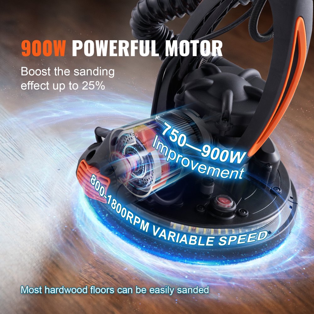 VEVOR Wall Smoother, 900W Power Tool, Includes 12 Sanding Pads, Adjustable Speeds from 800-1800 RPM, 3 Vacuum Tubes, Collapsible Design for Ceilings, Dual LED, Telescopic Grip & Dust Collector