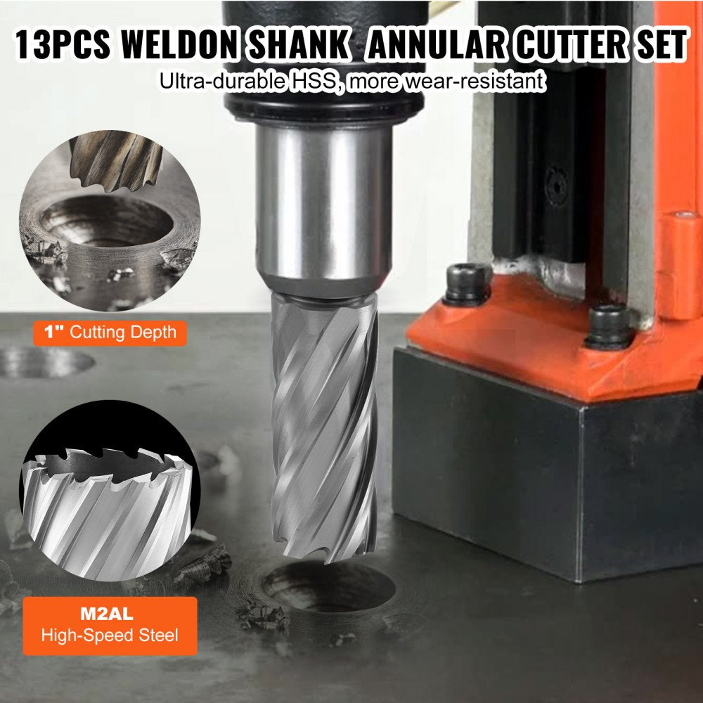 VEVOR Annular Cutter Set, 13 pcs Weldon Shank Mag Drill Bits, 7/16" to 1-1/16" Cutting Diameter, 1" Cutting Depth, M2AL HSS, 2 Pilot Pins, Hex Wrench and Portable Case, for Using with Magnetic Drills