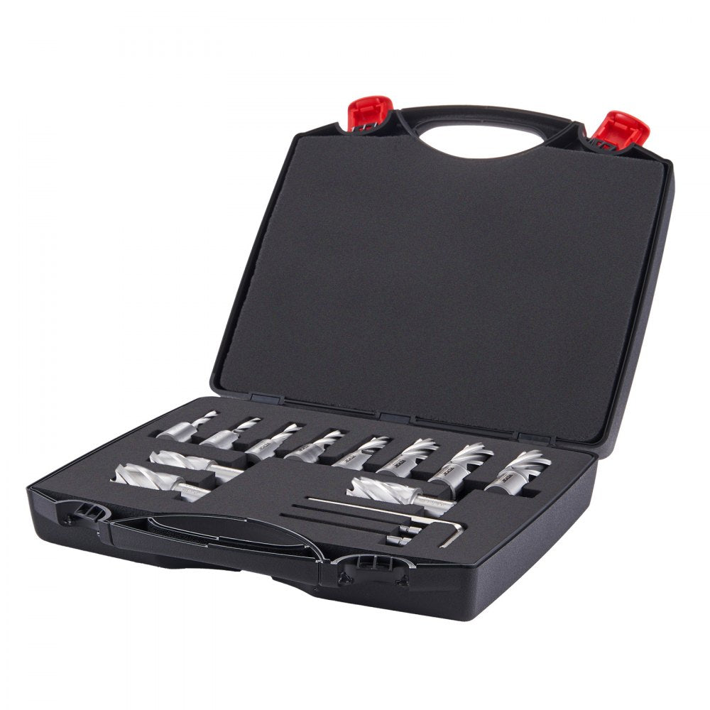 VEVOR Annular Cutter Set, 13 pcs Weldon Shank Mag Drill Bits, 7/16" to 1-1/16" Cutting Diameter, 1" Cutting Depth, M2AL HSS, 2 Pilot Pins, Hex Wrench and Portable Case, for Using with Magnetic Drills
