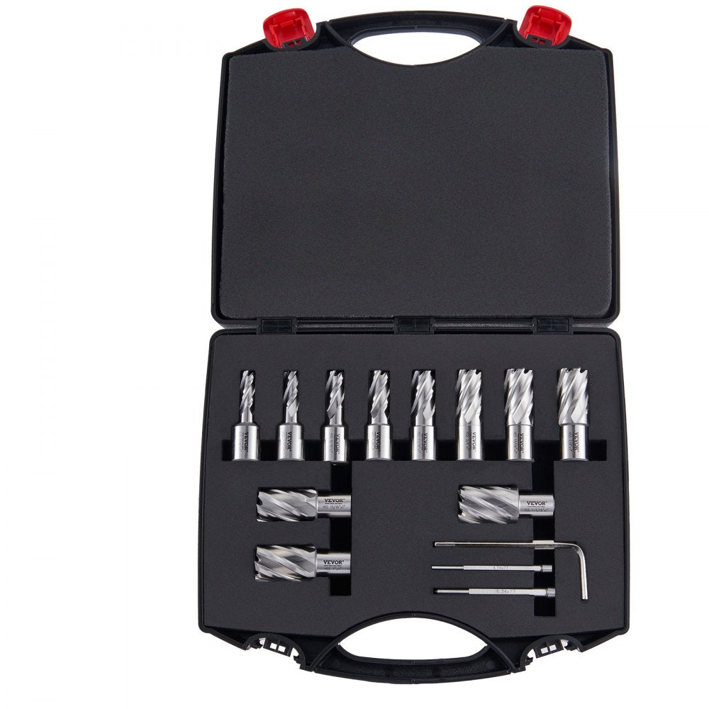 VEVOR Annular Cutter Set, 13 pcs Weldon Shank Mag Drill Bits, 7/16" to 1-1/16" Cutting Diameter, 1" Cutting Depth, M2AL HSS, 2 Pilot Pins, Hex Wrench and Portable Case, for Using with Magnetic Drills
