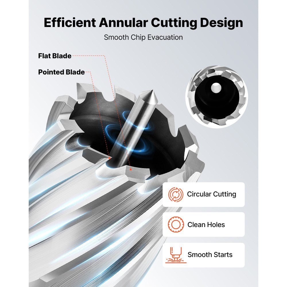 VEVOR Annular Cutter Set, 16 pcs Weldon Shank Mag Drill Bits Kit, 1" Cutting Depth, 7/16" to 1-3/8" Cutting Diameter, HSS, 14 Drill Bits with 2 Pilot Pins, Plastic Case, for Magnetic Drills, Steel