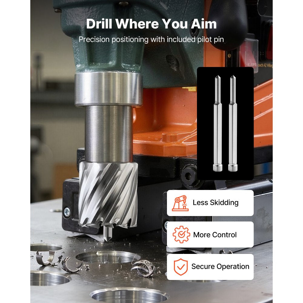 VEVOR Annular Cutter Set, 16 pcs Weldon Shank Mag Drill Bits Kit, 1" Cutting Depth, 7/16" to 1-3/8" Cutting Diameter, HSS, 14 Drill Bits with 2 Pilot Pins, Plastic Case, for Magnetic Drills, Steel