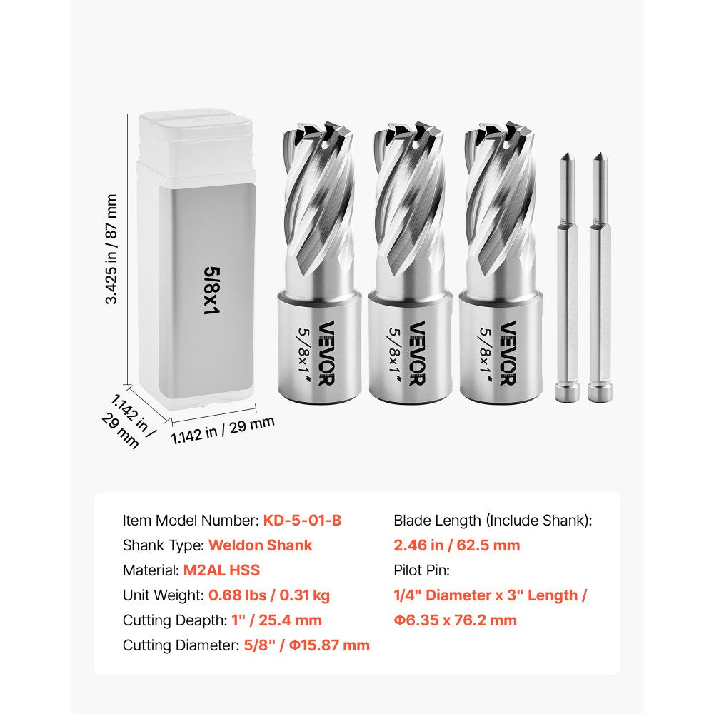 VEVOR Annular Cutter Set, 5 pcs Weldon Shank Mag Drill Bits Kit, 1" Cutting Depth, 5/8" Cutting Diameter, HSS, 3 Drill Bits with 2 Pilot Pins and 3 Plastic Cases, for Magnetic Drills, Steel, Aluminum