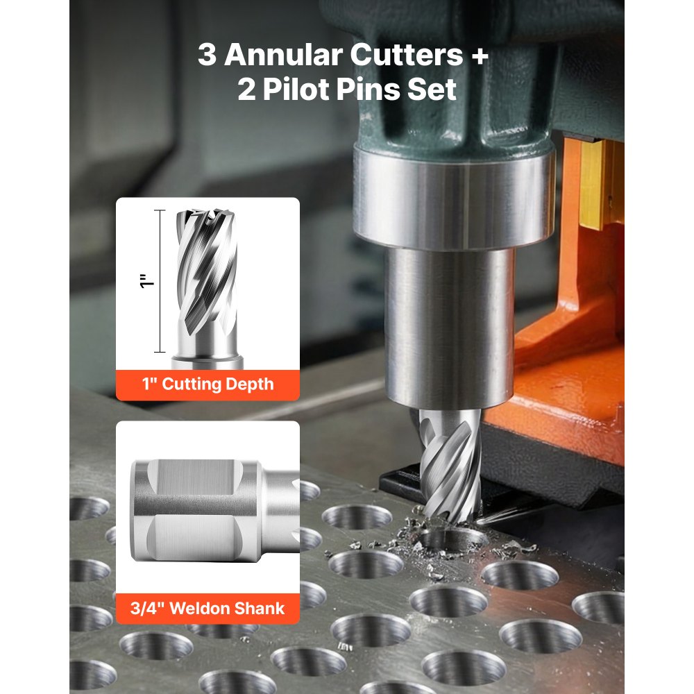 VEVOR Annular Cutter Set, 5 pcs Weldon Shank Mag Drill Bits Kit, 1" Cutting Depth, 1/2", 5/8", 1" Cutting Diameter, HSS, 3 Drill Bits with 2 Pilot Pins and 3 Plastic Cases, for Magnetic Drills, Steel