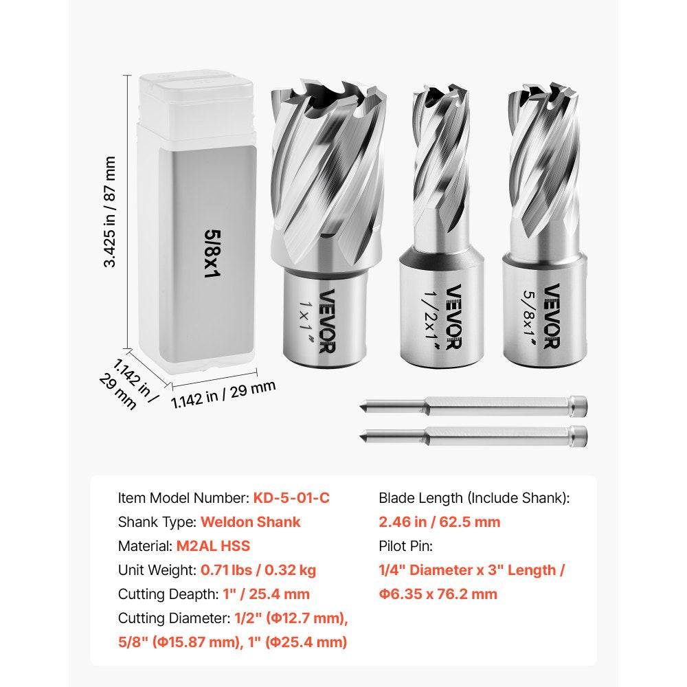 VEVOR Annular Cutter Set, 5 pcs Weldon Shank Mag Drill Bits Kit, 1" Cutting Depth, 1/2", 5/8", 1" Cutting Diameter, HSS, 3 Drill Bits with 2 Pilot Pins and 3 Plastic Cases, for Magnetic Drills, Steel