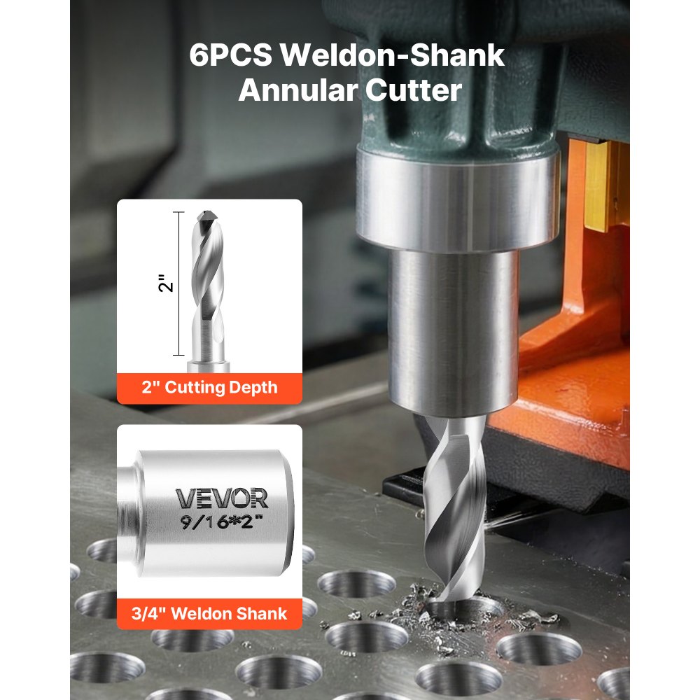 VEVOR Annular Cutter Set, 6 pcs Weldon Shank Mag Drill Bits Kit, 2" Cutting Depth,1/4" to 9/16" Cutting Diameter, HSS, 6 Drill Bits with Plastic Case, for Magnetic Drills, Steel, Aluminum, Copper