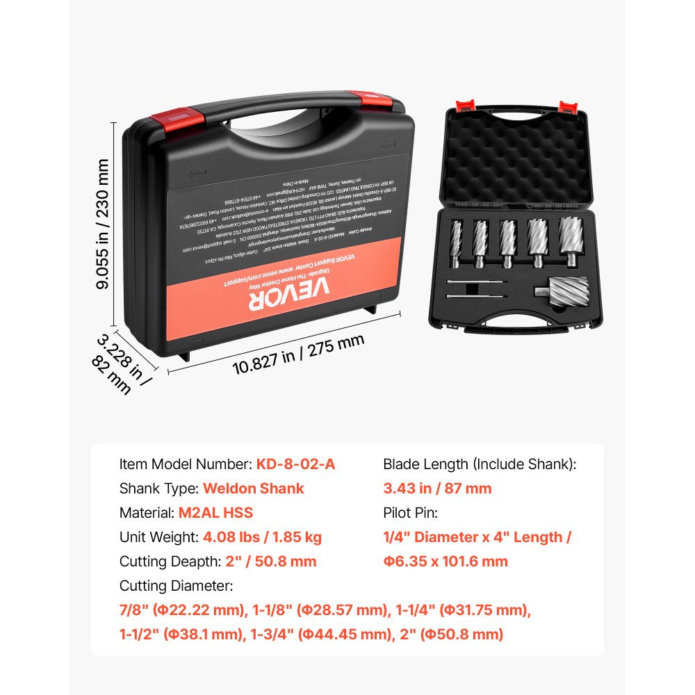 VEVOR Annular Cutter Set, 8 pcs Weldon Shank Mag Drill Bits Kit, 2" Cutting Depth, 7/8" to 2" Cutting Diameter, HSS, 6 Drill Bits with 2 Pilot Pins, Plastic Case, for Magnetic Drills, Steel, Aluminum