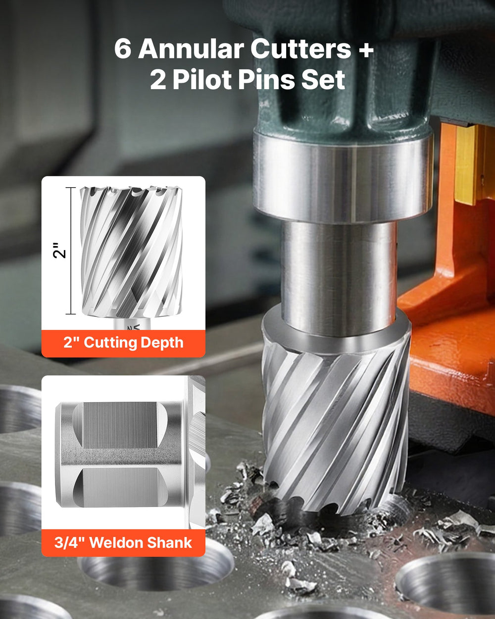 VEVOR Annular Cutter Set, 8 pcs Weldon Shank Mag Drill Bits Kit, 2" Cutting Depth, 7/8" to 2" Cutting Diameter, HSS, 6 Drill Bits with 2 Pilot Pins, Plastic Case, for Magnetic Drills, Steel, Aluminum