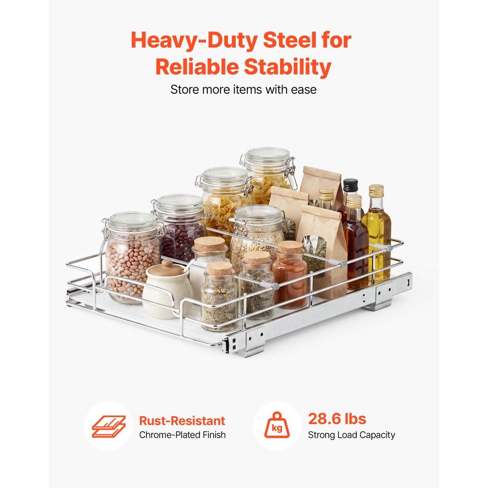 VEVOR Pull Out Cabinet Organizer 12.4"W x 16.54"D Steel Slide Out Drawers, for Kitchen Bathroom Pantry Home Organization, Chrome-Plated Finish, Heavy Duty Storage Sliding Shelves for Base Cabinets