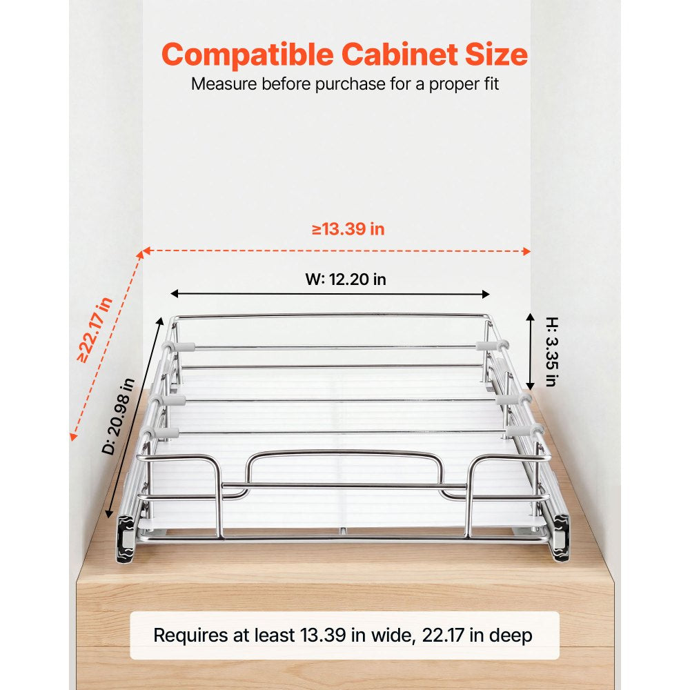 VEVOR Pull Out Cabinet Organizer 12.2"W x 20.98"D Steel Slide Out Drawers, for Kitchen Bathroom Pantry Home Organization, Chrome-Plated Finish, Heavy Duty Storage Sliding Shelves for Base Cabinets