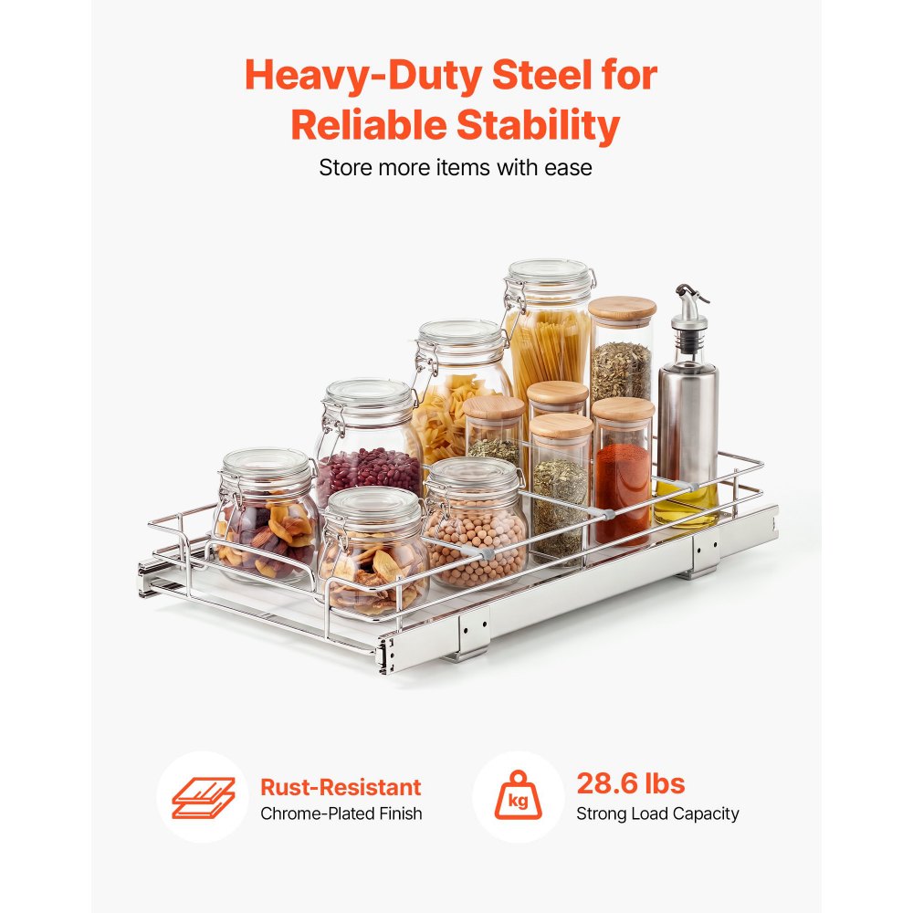 VEVOR Pull Out Cabinet Organizer 12.2"W x 20.98"D Steel Slide Out Drawers, for Kitchen Bathroom Pantry Home Organization, Chrome-Plated Finish, Heavy Duty Storage Sliding Shelves for Base Cabinets