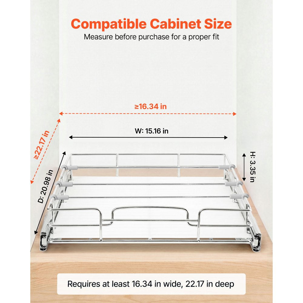VEVOR Pull Out Cabinet Organizer 15.16"W x 20.98"D Steel Slide Out Drawers, for Kitchen Bathroom Pantry Home Organization, Chrome-Plated Finish, Heavy Duty Storage Sliding Shelves for Base Cabinets