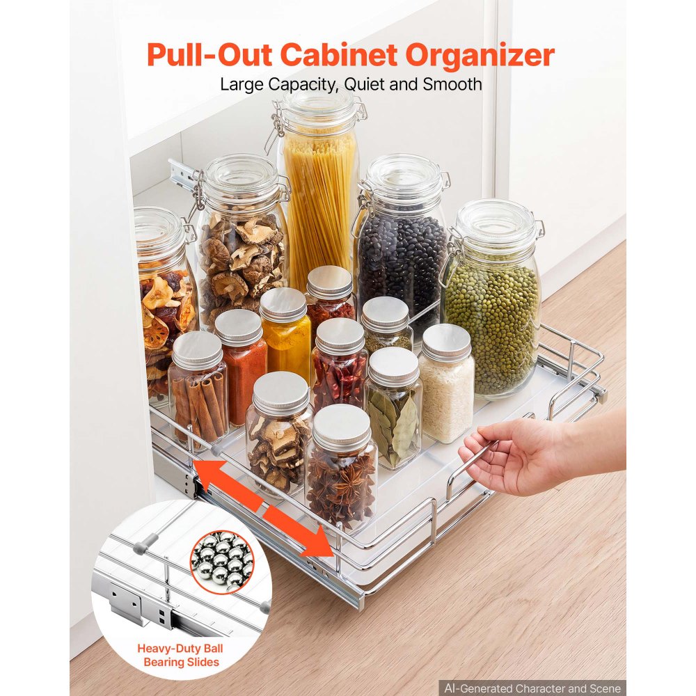 VEVOR Pull Out Cabinet Organizer 15.16"W x 20.98"D Steel Slide Out Drawers, for Kitchen Bathroom Pantry Home Organization, Chrome-Plated Finish, Heavy Duty Storage Sliding Shelves for Base Cabinets