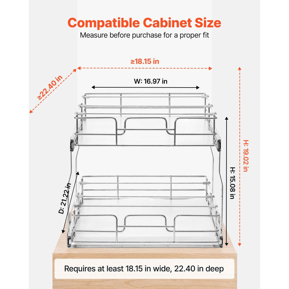 VEVOR 2 Tier Pull Out Cabinet Organizer 16.97"W x 21.22"D Slide Out Drawers, for Kitchen Bathroom Pantry Organization, Chrome-Plated Finish, Heavy Duty Steel Storage Sliding Shelves for Base Cabinets