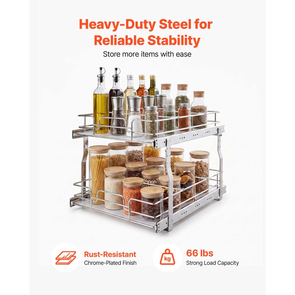 VEVOR 2 Tier Pull Out Cabinet Organizer 16.97"W x 21.22"D Slide Out Drawers, for Kitchen Bathroom Pantry Organization, Chrome-Plated Finish, Heavy Duty Steel Storage Sliding Shelves for Base Cabinets