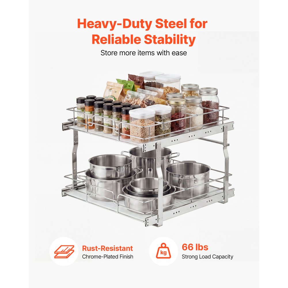 VEVOR 2 Tier Pull Out Cabinet Organizer 20"W x 21.22"D Slide Out Drawers, for Kitchen Bathroom Pantry Organization, Chrome-Plated Finish, Heavy Duty Steel Storage Sliding Shelves for Base Cabinets
