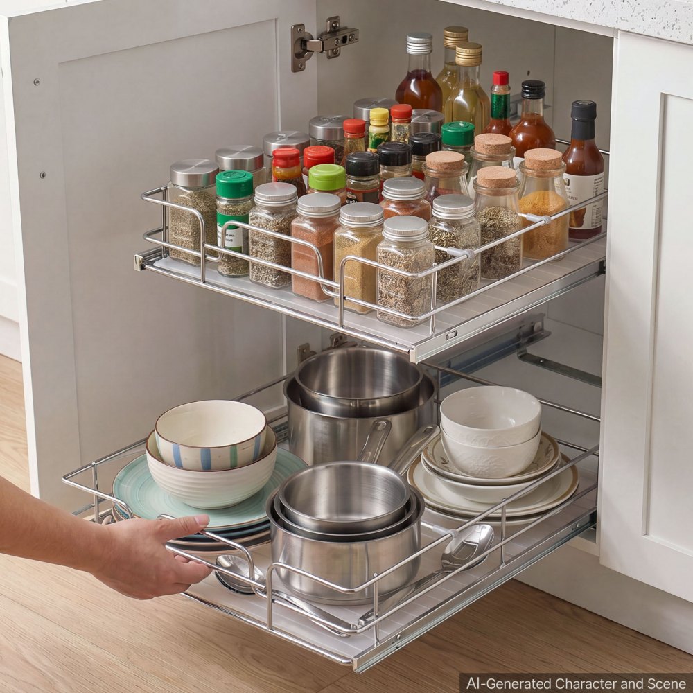 VEVOR 2 Tier Pull Out Cabinet Organizer 20"W x 21.22"D Slide Out Drawers, for Kitchen Bathroom Pantry Organization, Chrome-Plated Finish, Heavy Duty Steel Storage Sliding Shelves for Base Cabinets