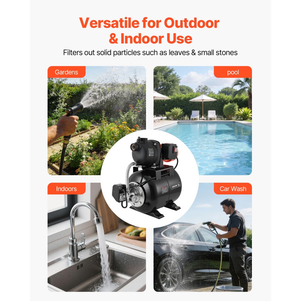 VEVOR 1.1 HP Shallow Well Pump with Pressure Tank, 120V 1320 GPH, Plastic Irrigation Jet Pump with 5-Gal Tank, Automatic Water Booster Transfer System, 20/40 PSI Pressure Switch, for Home Garden Lawn