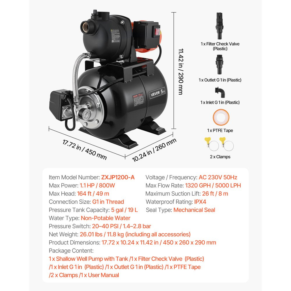VEVOR 1.1 HP Shallow Well Pump with Pressure Tank, 120V 1320 GPH, Plastic Irrigation Jet Pump with 5-Gal Tank, Automatic Water Booster Transfer System, 20/40 PSI Pressure Switch, for Home Garden Lawn
