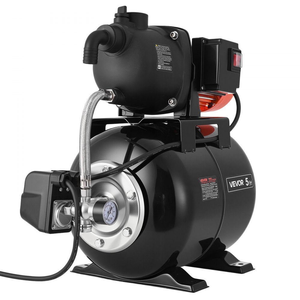 VEVOR 1.1 HP Shallow Well Pump with Pressure Tank, 120V 1320 GPH, Plastic Irrigation Jet Pump with 5-Gal Tank, Automatic Water Booster Transfer System, 20/40 PSI Pressure Switch, for Home Garden Lawn