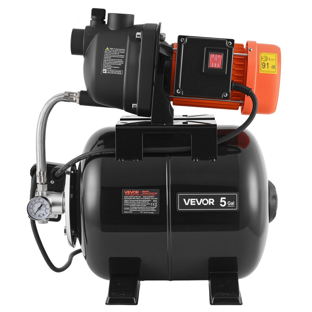 VEVOR 1.1 HP Shallow Well Pump with Pressure Tank, 120V 1320 GPH, Plastic Irrigation Jet Pump with 5-Gal Tank, Automatic Water Booster Transfer System, 20/40 PSI Pressure Switch, for Home Garden Lawn