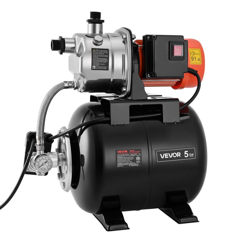 VEVOR 1 HP Shallow Well Pump with Pressure Tank, 120V 1000 GPH, Stainless Steel Irrigation Jet Pump with 5-Gal Tank, Automatic Water Booster System, 20/40 PSI Pressure Switch, for Home Garden Lawn