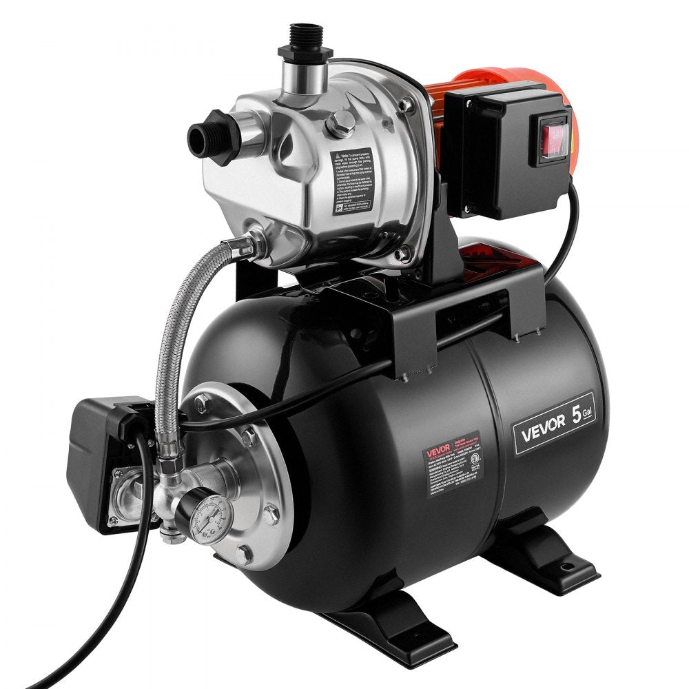 VEVOR 1 HP Shallow Well Pump with Pressure Tank, 120V 1000 GPH, Stainless Steel Irrigation Jet Pump with 5-Gal Tank, Automatic Water Booster System, 20/40 PSI Pressure Switch, for Home Garden Lawn
