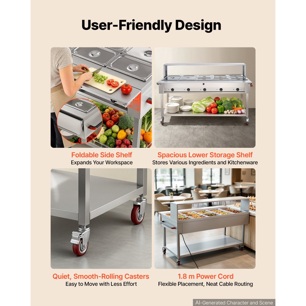 VEVOR Commercial Food Warmer 10 Pans Electric Tube Heating Table 3500W, for Buffet Restaurant Catering, Stainless Steel Server with Folding Board, Undershelf, Rolling Stand, and Temp Control