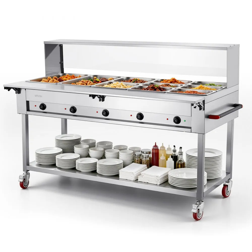 VEVOR Commercial Food Warmer 10 Pans Electric Tube Heating Table 3500W, for Buffet Restaurant Catering, Stainless Steel Server with Folding Board, Undershelf, Rolling Stand, and Temp Control