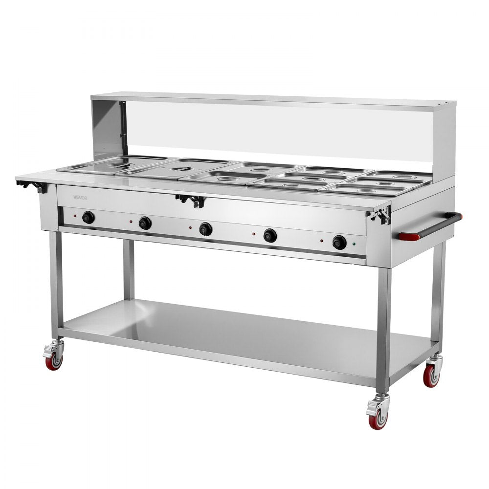 VEVOR Commercial Food Warmer 10 Pans Electric Tube Heating Table 3500W, for Buffet Restaurant Catering, Stainless Steel Server with Folding Board, Undershelf, Rolling Stand, and Temp Control