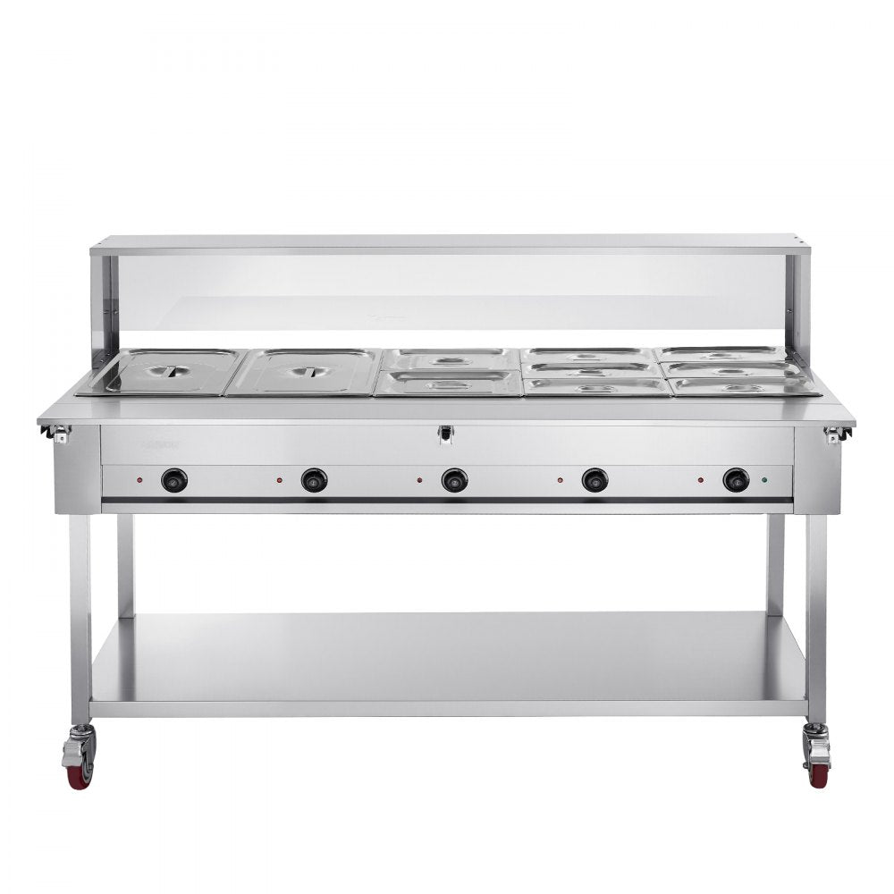 VEVOR Commercial Food Warmer 10 Pans Electric Tube Heating Table 3500W, for Buffet Restaurant Catering, Stainless Steel Server with Folding Board, Undershelf, Rolling Stand, and Temp Control