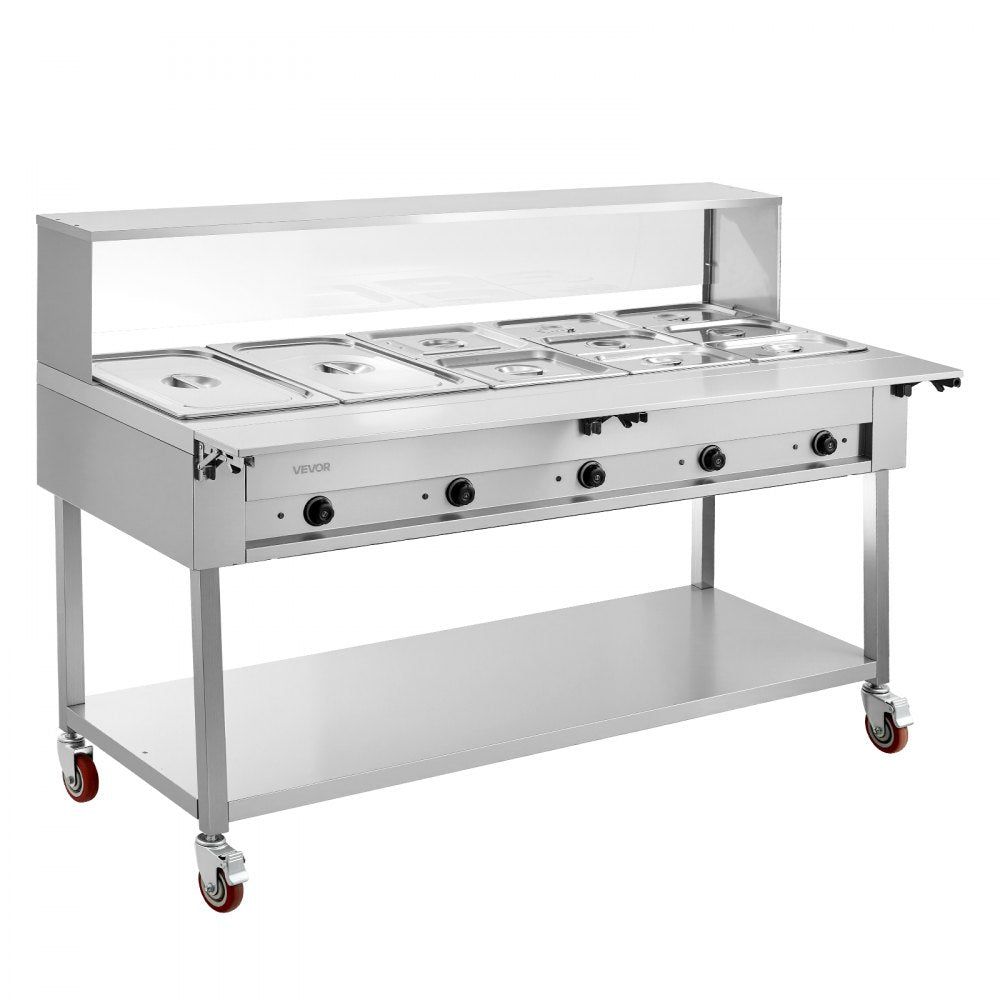 VEVOR Commercial Food Warmer 10 Pans Electric Tube Heating Table 3500W, for Buffet Restaurant Catering, Stainless Steel Server with Folding Board, Undershelf, Rolling Stand, and Temp Control