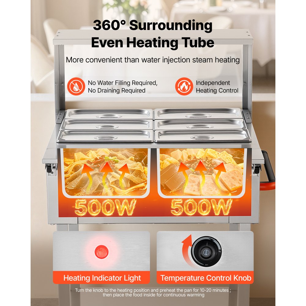VEVOR Commercial Food Warmer 6 x 1/3 Pans Electric Tube Heating Table 1000W, for Buffet Restaurant Catering, Stainless Steel Server with Folding Board, Undershelf, Rolling Stand, and Temp Control