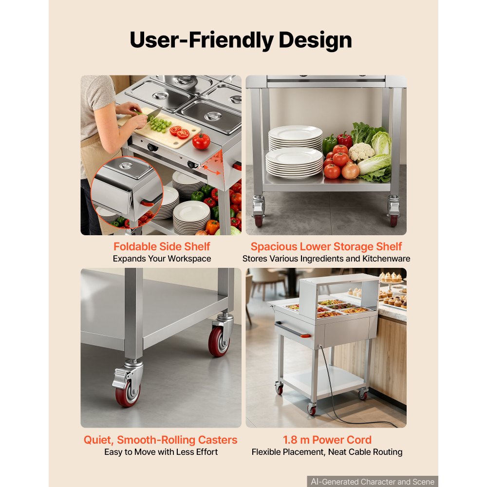 VEVOR Commercial Food Warmer 6 x 1/3 Pans Electric Tube Heating Table 1000W, for Buffet Restaurant Catering, Stainless Steel Server with Folding Board, Undershelf, Rolling Stand, and Temp Control