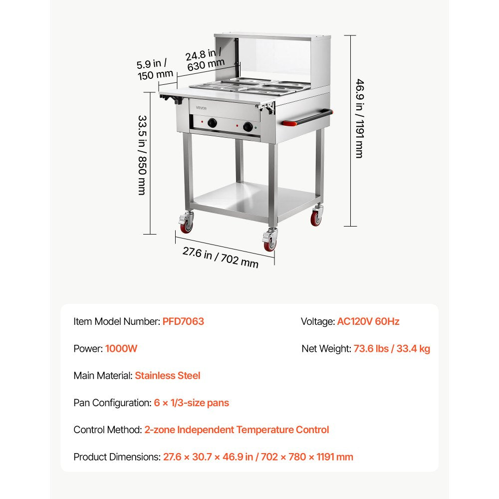 VEVOR Commercial Food Warmer 6 x 1/3 Pans Electric Tube Heating Table 1000W, for Buffet Restaurant Catering, Stainless Steel Server with Folding Board, Undershelf, Rolling Stand, and Temp Control