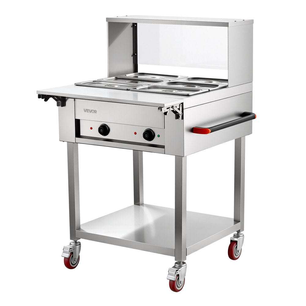 VEVOR Commercial Food Warmer 6 x 1/3 Pans Electric Tube Heating Table 1000W, for Buffet Restaurant Catering, Stainless Steel Server with Folding Board, Undershelf, Rolling Stand, and Temp Control