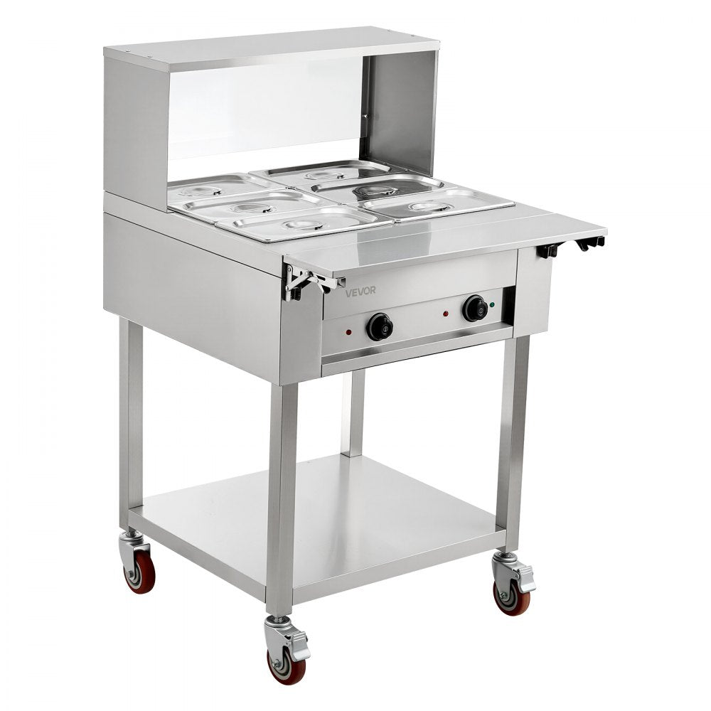 VEVOR Commercial Food Warmer 6 x 1/3 Pans Electric Tube Heating Table 1000W, for Buffet Restaurant Catering, Stainless Steel Server with Folding Board, Undershelf, Rolling Stand, and Temp Control