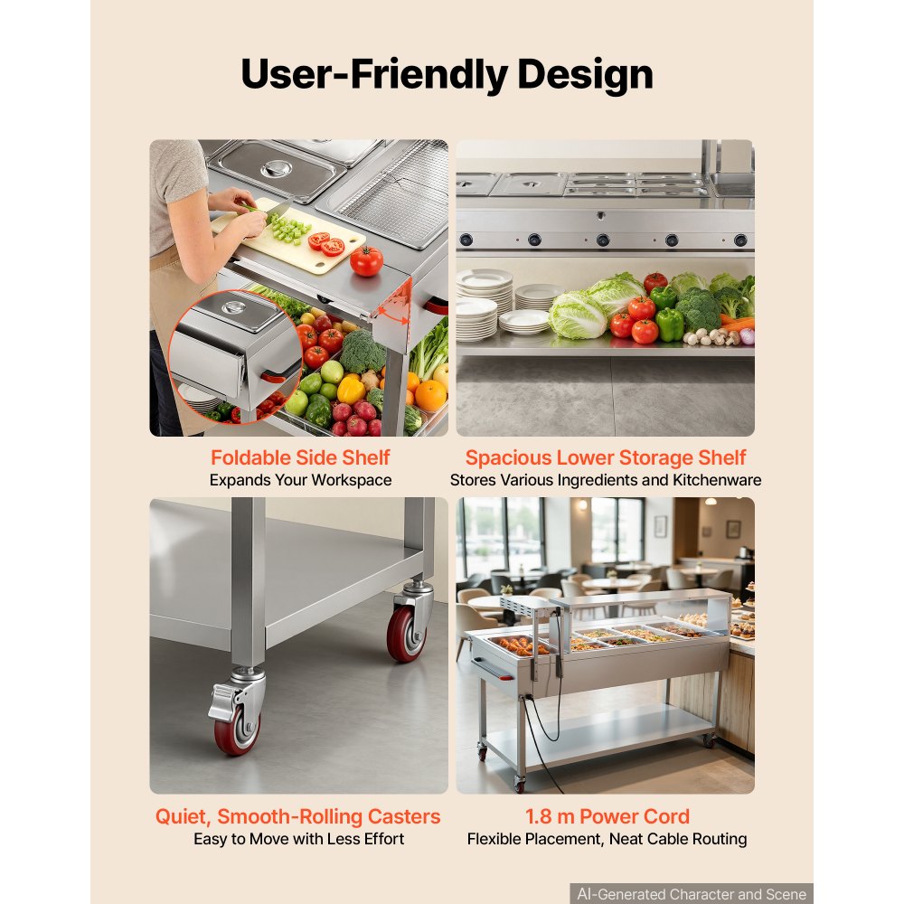 VEVOR Commercial Food Warmer 7 Pans Electric Tube Heating Table 3500W, for Buffet Restaurant Catering, Stainless Steel Server with Food Heat Lamp, Folding Board, Undershelf, and Rolling Stand