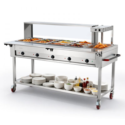 Vevor Food Warmer Commercial 7-Pan Electric Steam Table with Heat Lamp and Rolling Stand New