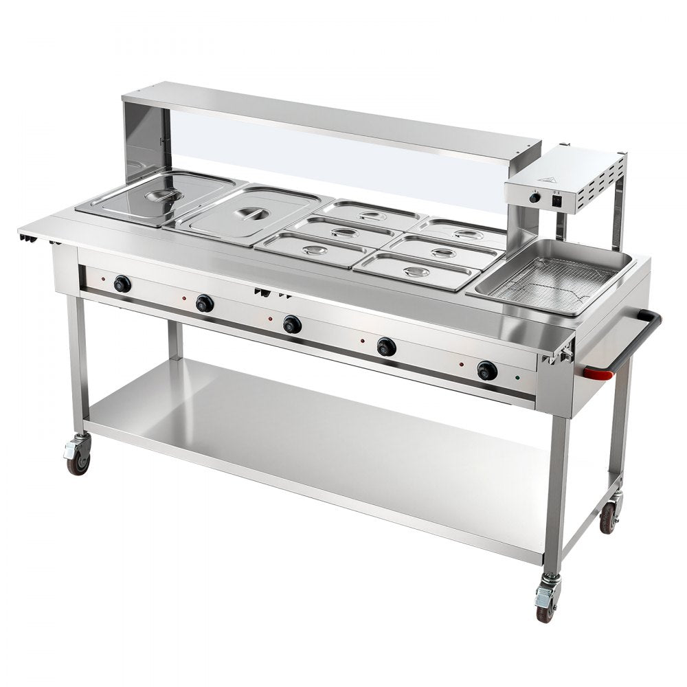 VEVOR Commercial Food Warmer 7 Pans Electric Tube Heating Table 3500W, for Buffet Restaurant Catering, Stainless Steel Server with Food Heat Lamp, Folding Board, Undershelf, and Rolling Stand