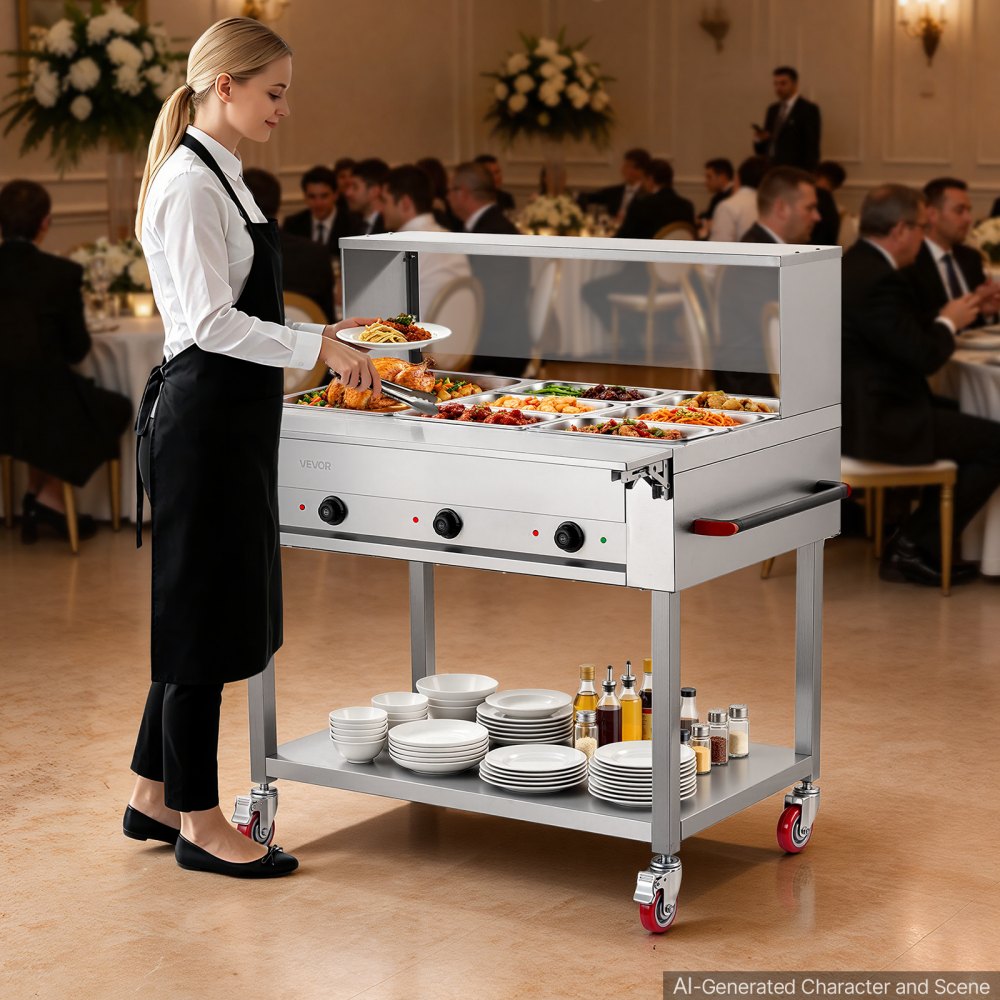 VEVOR Commercial Food Warmer 7 Pans Electric Tube Heating Table 1500W, for Buffet Restaurant Catering, Stainless Steel Server with Folding Board, Undershelf, Rolling Stand, and Temp Control
