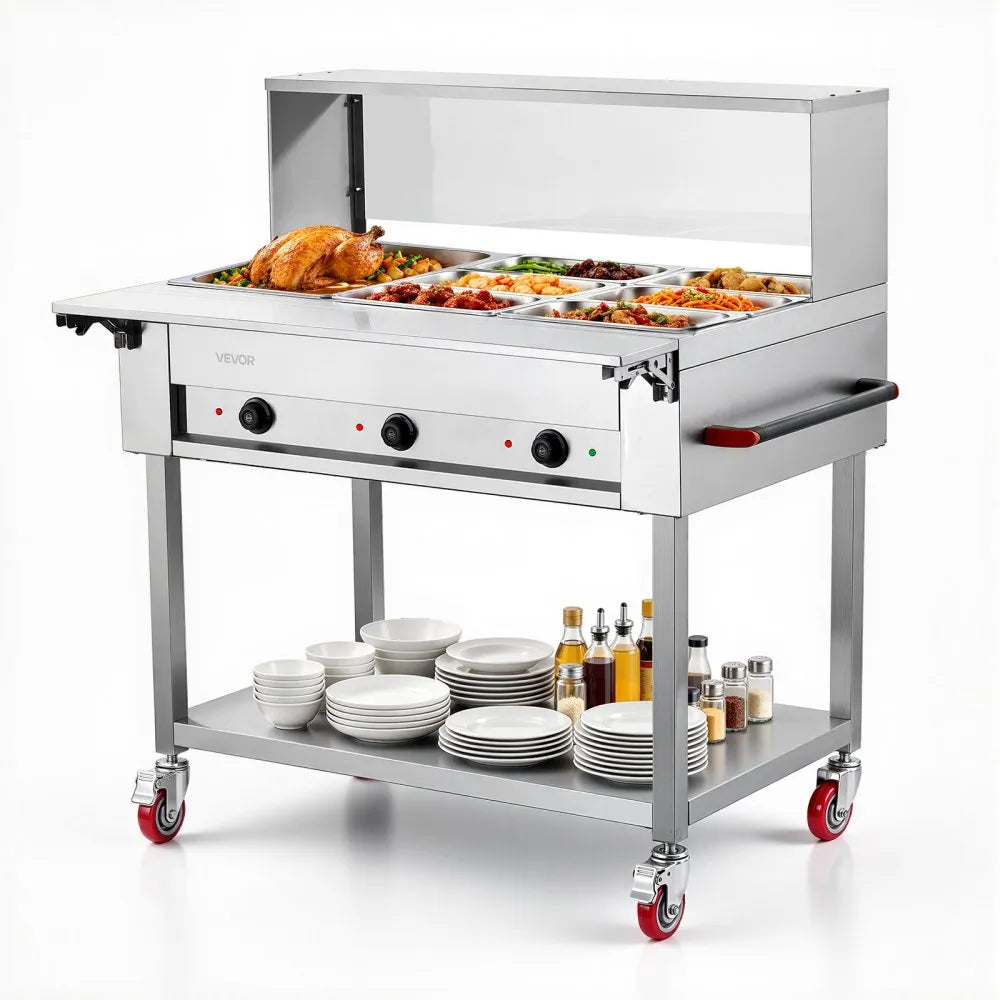 VEVOR Commercial Food Warmer 7 Pans Electric Tube Heating Table 1500W, for Buffet Restaurant Catering, Stainless Steel Server with Folding Board, Undershelf, Rolling Stand, and Temp Control