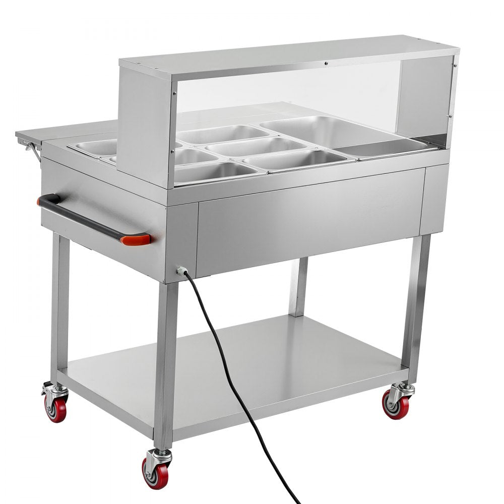 VEVOR Commercial Food Warmer 7 Pans Electric Tube Heating Table 1500W, for Buffet Restaurant Catering, Stainless Steel Server with Folding Board, Undershelf, Rolling Stand, and Temp Control