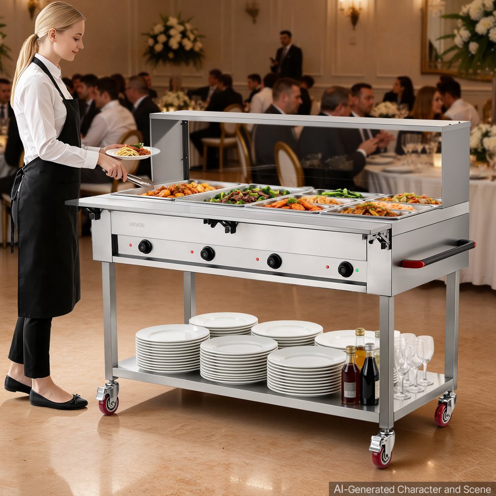VEVOR Commercial Food Warmer 8 Pans Electric Tube Heating Table 2000W, for Buffet Restaurant Catering, Stainless Steel Server with Folding Board, Undershelf, Rolling Stand, and Temp Control