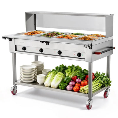 Vevor Food Warmer Commercial 8-Pan Electric Tube Heating Table 2000W with Folding Board, Undershelf, Rolling Stand & Temp Control New