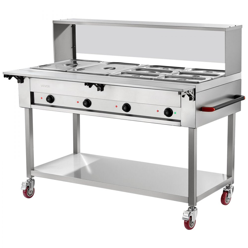 VEVOR Commercial Food Warmer 8 Pans Electric Tube Heating Table 2000W, for Buffet Restaurant Catering, Stainless Steel Server with Folding Board, Undershelf, Rolling Stand, and Temp Control