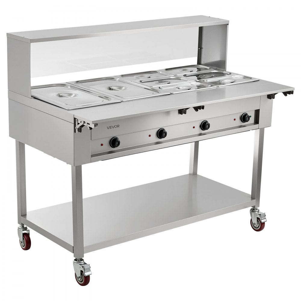 VEVOR Commercial Food Warmer 8 Pans Electric Tube Heating Table 2000W, for Buffet Restaurant Catering, Stainless Steel Server with Folding Board, Undershelf, Rolling Stand, and Temp Control